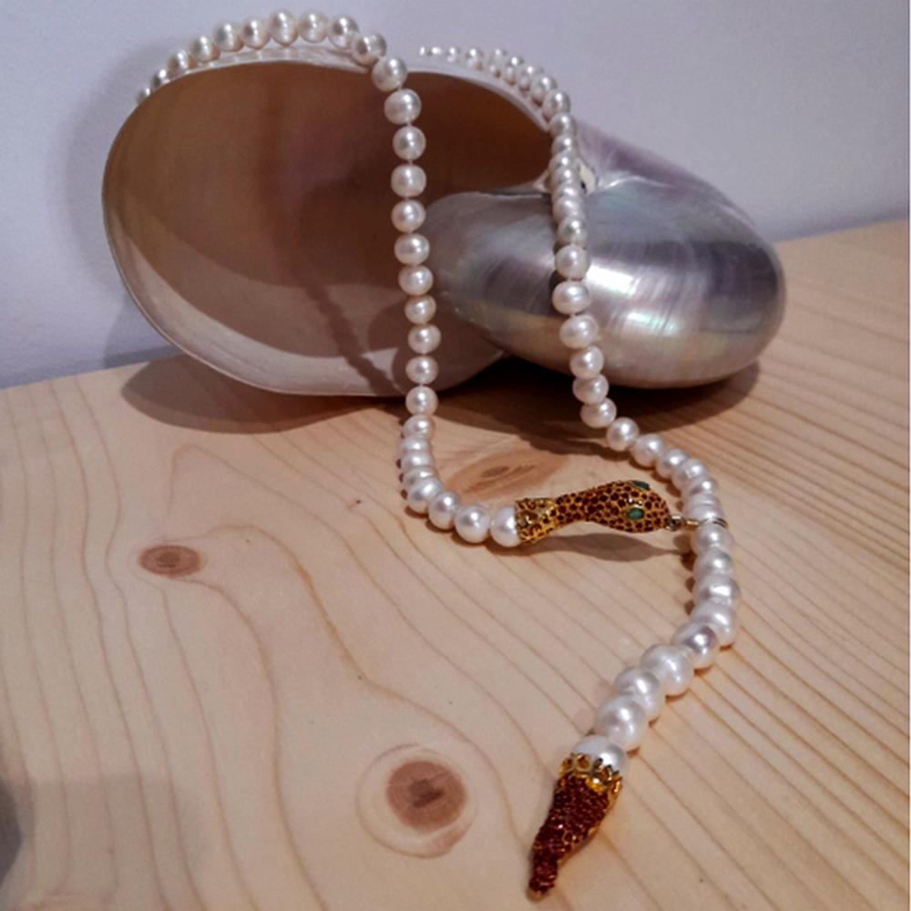Collar de perlas con cierre de serpiente exclusivo, collar largo de perlas Hecho a Mano SUTILLE Joyas con Perlas