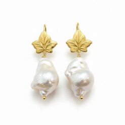 Pendientes perlas hojas con perlas barrocas naturales en plata 925 bañada en oro de 18K, joyería artesanal exclusiva