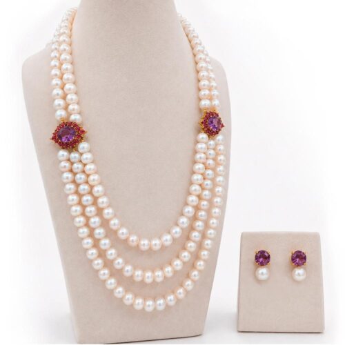 ¿Cuánto cuesta un collar de perlas? Guía de precios y calidad 7 Conjunto de collar y pendientes de perlas naturales con amatista y rubíes